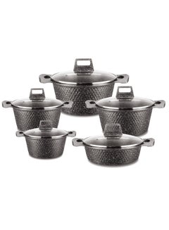اشتري 10-Piece Marble Cookware Set Aluminum Pots and Pans Non-Stick Surface Glass Lid PFOA Free Black 20-24-28-32 cm (deep stockpot) + 28 cm (shallow stockpot) في الامارات
