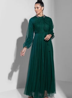 Buy Embellished Neck Belted Tulle Dress in UAE