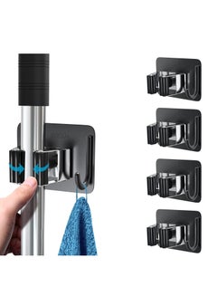 Buy Mop Broom Holder No Drill, Mop Broom Organizer Wall Mounted Heavy Duty with Hooks Hanger, Self Adhesive Stainless Steel 4Pcs for Bathroom, Kitchen, Office,Black in Saudi Arabia
