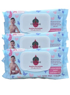 Buy Baby wet wipes 72 enriched with silk extract without odor set of 3 pieces in Saudi Arabia
