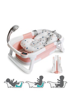 Buy Baby Folding Bathtub, Portable Collapsible Toddler Bath Tub With Baby Cushion Temperature Sensor Drain Hole and Bath for Newborn/Infant/Toddler, Sitting Lying Large Safe Bathtub Pink in UAE