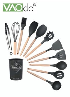 Buy 11PCS Kitchen Cooking Utensil Set Tools with Wood Holder Collection for Turner Tongs Spatula Spoon Brush Whisk in Saudi Arabia