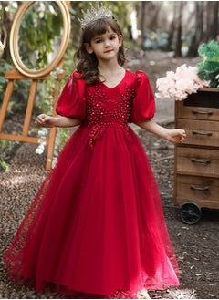 Buy Children's New Fashion Princess Puff Sleeve Festive Dress For Birthday Party Red Color in UAE