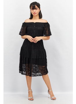 Buy Women Lace Details Short Sleeve Midi Dress, Black in UAE