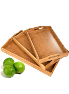 اشتري 3 Pack Serving Tray,Large Bamboo Serving Tray With Handles Wood Serving Tray Set For Coffee,Food,Breakfast,Dinner في الامارات