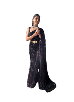 اشتري Georgette Ready To Wear Saree Black Sequence Work Plus Golden Metal Belt and Unstitched Blouse في الامارات