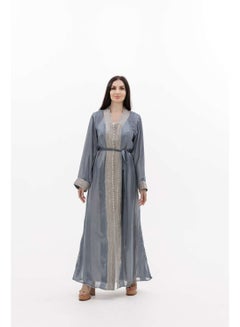 Buy LONG CLASSY SIMPLE GREY PURPLE COLOUR FRONT LACE BUTTON LINING ARABIC KAFTAN JALABIYA DRESS in Saudi Arabia