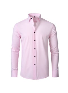 Buy Stretch Non-Iron Anti-Wrinkle Shirt, Men Long Sleeve Button Wrinkle Free Slim Fit Business Shirt Pink in Saudi Arabia
