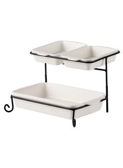 Buy Shallow Porcelain 2-Tier Rectangular Serving Set with Black Stand Rack - 2x 20cm and 30cm in UAE