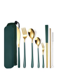 Buy Portable Reusable Cutlery Set, Travel Utensils Set with Case, Stainless Steel Flatware Set Including Knife Fork Spoon Chopsticks Straws Brush, Dishwasher Safe (8Pcs Green golden) in UAE