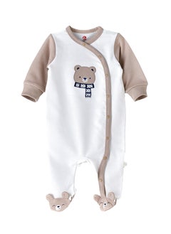 Buy Baby Boy White and Beige Bear Footed Romper in UAE