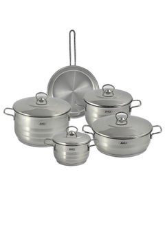 Buy 9-Piece Astre Cookware Set - 18/10 Cr-Ni Stainless Steel - 3 Deep Pots - 1 Low Pot - 1 Frypan in UAE