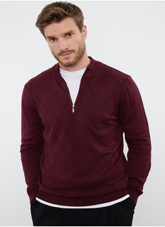 اشتري Claret Red Slim Fit Half Turtleneck Zipper Collar Cotton Smart Knitwear Sweater TMNAW23KZ00215 في مصر