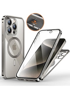 Buy Double-Sided Magnetic For iPhone 15 Pro Max Case, Full-Coverage Protective Case For iPhone 15 Pro Max With Metal Glass Screen Protector Buckle And Camera Lens Protector - Natural Titanium in UAE