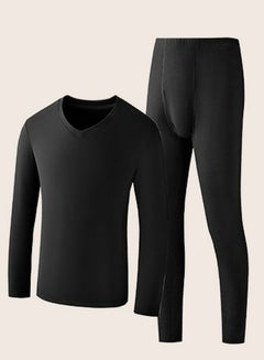 Buy Mens Solid Color Skin Friendly Thick Long Johns Fleese And V-Neck Thermal Underwear Set, 2 Piece Cold Weather Base Layer Set for Men Black in UAE