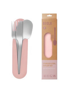 Buy BEOLA Stainless Steel Cutlery Set, Travel Utensils Set with Silicone Case Pouch, Fork Spoon Knife Camping Set, Cutlery Set for Kids School, Set of 4 (Blush Pink) in UAE