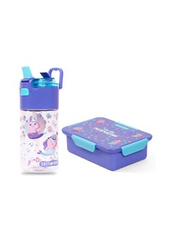 Buy Eazy Kids Lunch Box and Tritan Water Bottle w/ Snack Box Mermaid-Purple 450ml in UAE