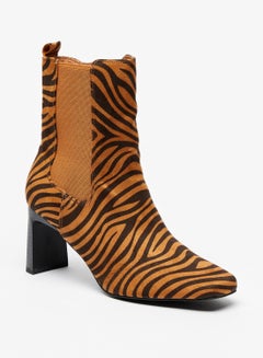 Buy Animal Print Ankle Boots with Zip Closure and Block Heels Brown in Saudi Arabia