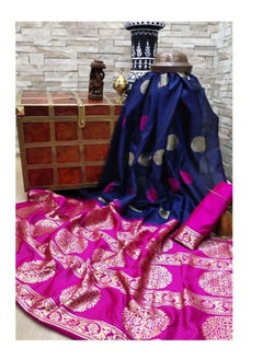 اشتري Blue Soft Silk Saree With Golden Circle Weaving Design And Contrast Pallu Plus Pink Unstitched Blouse في الامارات