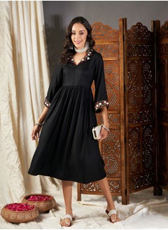 Buy Embroidered Placket Gathered Midi Dress in Saudi Arabia