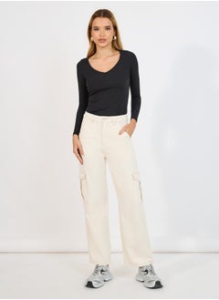 Buy Solid Straight Leg Cargo Jeans in Saudi Arabia