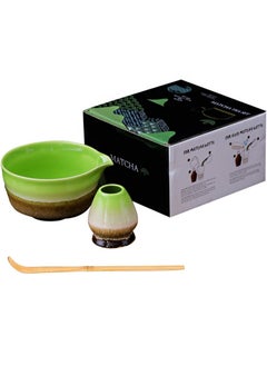 Buy Matcha Tea Set 3 Pieces, Matcha Bowl With Spout Round Bowl, Glazed Matcha Bowl With Stirrer Stand, With Bamboo Spoon, Suitable For Matcha Powder/Matcha (Kiln Turned Green) in Saudi Arabia