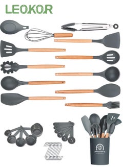 Buy 24 pcs Kitchen Cooking Utensils Set Wooden Handle Non-Stick Silicone Cooking Kitchen Utensils Spatula Set with Holder in Saudi Arabia