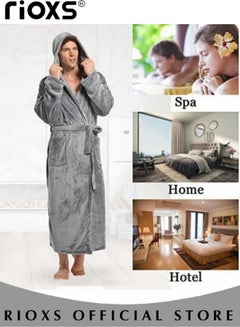 Buy Men's Hooded Fleece Robe Plush Collar Bath Towel Shawl Soft Long Bathrobe Warm Flannel House Robe Fleece Spa Robes Loungewear in UAE