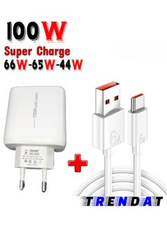 Buy Supercharge wall charger 100W Max supports 66W, 65W, and 44W + 6A Type-C charging and data cable - for all smart phones in Egypt