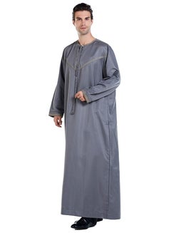 Buy Mens Solid Color Round Collar Long Sleeve Abaya Robe Islamic Arabic Kaftan Grey in UAE