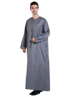 اشتري Mens Solid Color Round Collar Long Sleeve Abaya Robe Islamic Arabic Kaftan Grey في السعودية