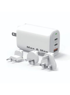 اشتري 65W Fast Charger Adapter USB-C 3Port GaN PPS Turbo USB-C USB-A for MacBook Pro/Air, Laptops, iPad, iPhone 11,12,13,14,15 Pro Plus Max, Samsung S23/S10, Dell XPS, Note 20/10+, Lenovo - White في الامارات