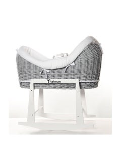 Buy Infant Wicker Pod Moses Basket With White Waffle Beddings And White Rocker Stand - Wooden Grey in UAE