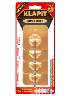 Buy Hooks for Walls, Tiles, Stones, Acrylic, Glass And Metal. Heavy Duty Adhesive Holds Up To 11LB/5Kg. Waterproof Strong Steel Hook, Damage-Free With Clean Removal KLAPiT SUPER HOOK Gold 4pc in UAE