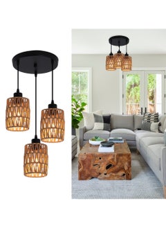 Buy 3-Light Rattan Pendant Light Fixtures, Industrial brown Hanging Lighting, Adjustable Woven Wicker Chandelier, Farmhouse Basket Ceiling Lamp for Kitchen Island Dining Room Bedroom Foyer Hallway in UAE