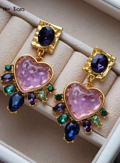 Buy Purple Heart Shaped Glass Earrings Mixed Color Rhinestone Gold Plated Dangle Drop Earrings for Women in UAE