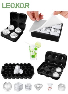 اشتري 4 Pcs Ice Cube Trays with Lid and Funnel, Easy Release Ice Cube Maker Rose, Diamond, Sphere, Square and Hexagon Shapes Black في السعودية