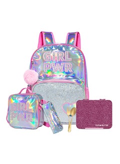 اشتري Eazy Kids - 18" School Bag Glitter Bento Box Lunch Bag Pencil Case Set of 4 - Girl Power Pink في الامارات