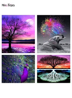 اشتري 4 Pack 5D Diamond Painting Kits for Adults, DIY Diamond Art for Adults, Full Drill Crystal Art for Home Wall Decor Diamond Dots, (Peacock Elephant Trees Night) في الامارات