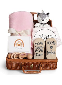 Buy Baby Shower Gifts, Baby Girl Gifts Basket, Unique Baby Gift Essential Stuff Set - Baby Lovey Blanket New Born Bibs Socks Wooden Rattle & Greeting Card, Newborn Baby Gift Set (Fox, Pink) in Saudi Arabia