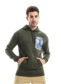 Buy Fleece Printed Hoodie With Front Pockets - Dark Olive in Egypt