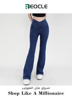 اشتري Denim Sports Yoga Pants for Women Cross-over High-waisted Tummy-tightening  Lifting Pockets Micro-flared Pants for Outer Wear Fitness Casual Pants في الامارات