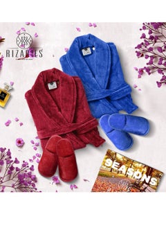 Buy Couple Set Red & Blue (2 Velour Bathrobe, 2 Velour Slippers) in UAE