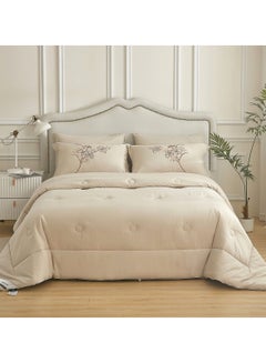 Buy Comforter Set 6-Piece Double Size Solid Designer Bedding Set Applique Embroidered With Down Alternative Filling ,Beige in Saudi Arabia