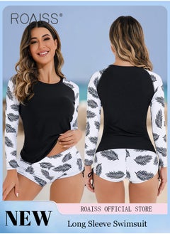 Buy Women One Piece Swimsuit with Side Tie Boxer Shorts One Piece Beach Suit Women Long Sleeved Sun Protection Surfing Wetsuit in UAE