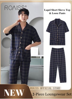 Buy 2-Piece Pajama Set Men's Cotton Short-Sleeved T-Shirt Long Pants Sets Grid Pattern Sleepwear Nightgown Male Loose Spring Summer Thin Loungewear Home Clothes in UAE