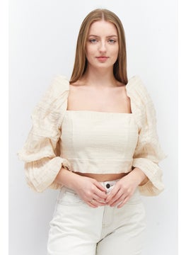 Buy Women Square Neck Puff Sleeve Textured Crop Top, Cream in UAE