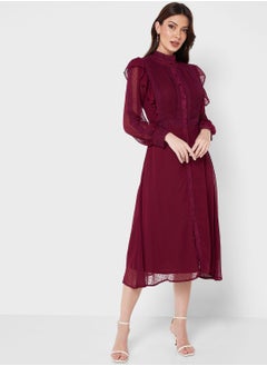 Buy Self Textured Dress With Lace Trim in UAE