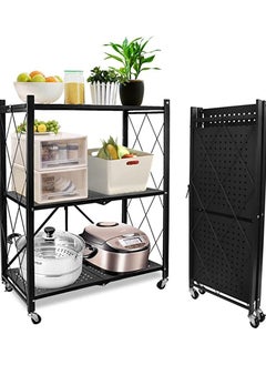 اشتري Blooming time 3-Tiers Storage Shelves, 3-Shelf Foldable Metal Shelving Units  for Garage Kitchen Bakers Closet, Metal Wire, Collapsible Organizer Rack, Heavy Duty on Wheels في الامارات