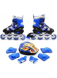 اشتري Inline Skates Adjustable Size Roller Skates with Flashing Wheels for Outdoor Indoor Children Skate Shoes Including Full Protective Gear Set Blue Colour في الامارات